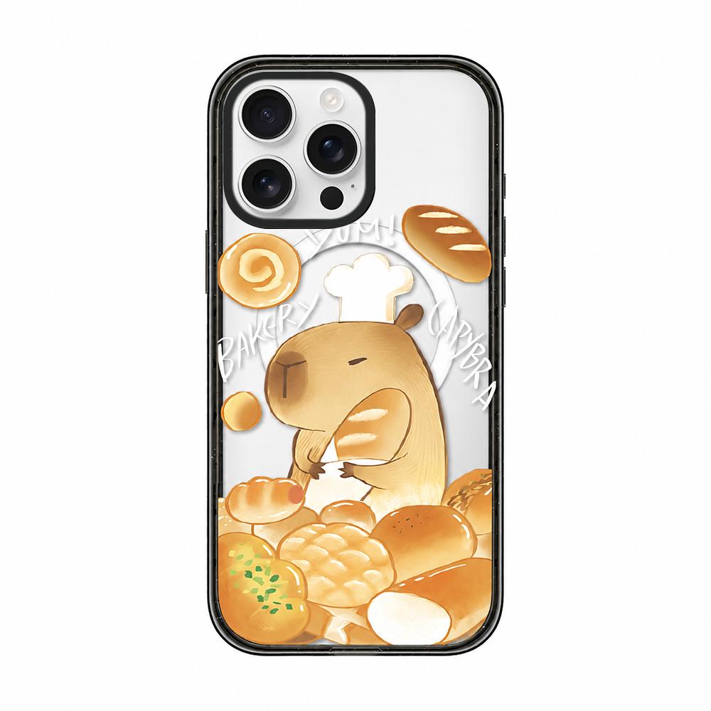 For iPhone 15 Pro Cute Capybara Cartoon Print Magnetic Acrylic TPU Phone Case - Baking Bread Capybara - EDA009702810C