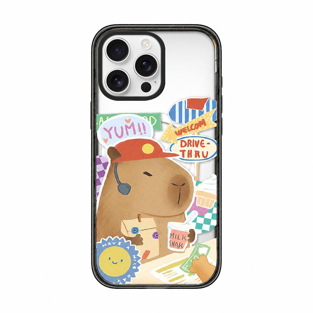 For iPhone 15 Pro Cute Capybara Cartoon Print Magnetic Acrylic TPU Phone Case - Fast Food Worker Capybara - EDA009702810D