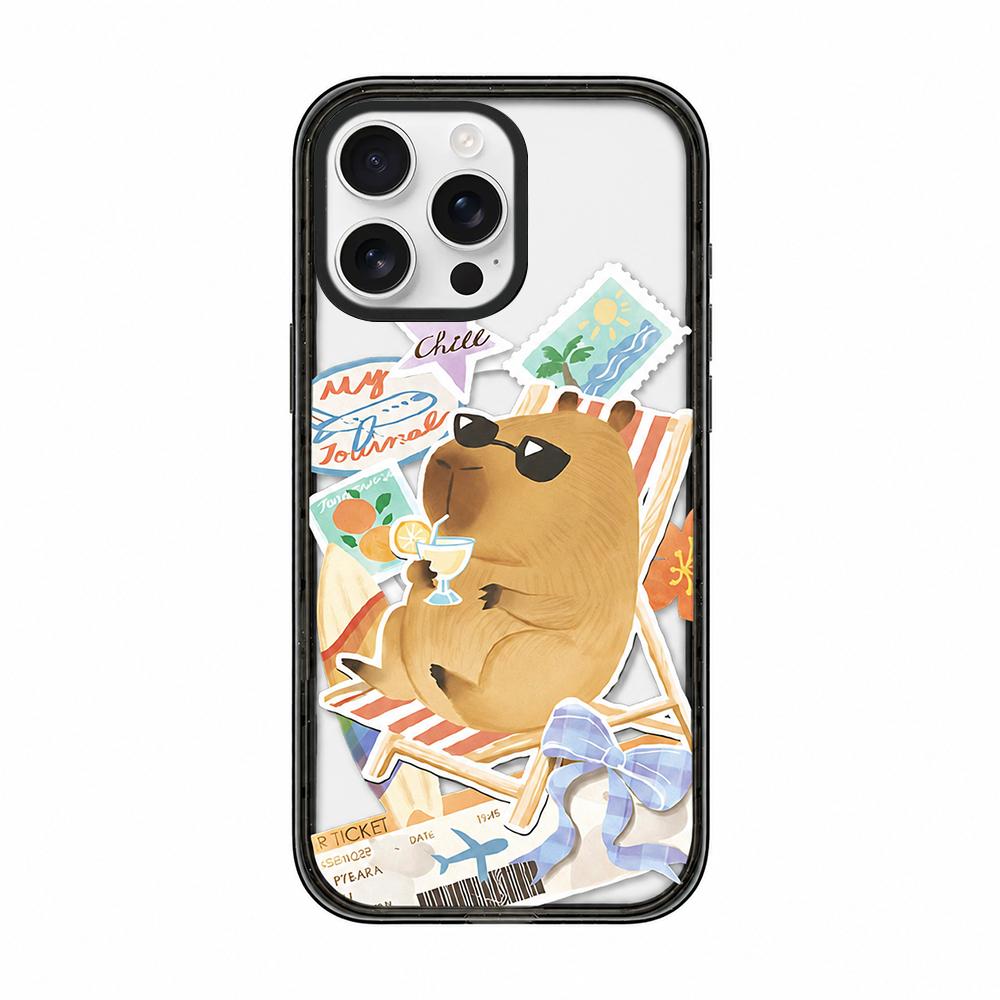 For iPhone 15 Pro Cute Capybara Cartoon Print Magnetic Acrylic TPU Phone Case - Beach Vacation Capybara - EDA009702810E