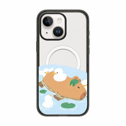 For iPhone 14 Plus Cute Capybara Cartoon Print Magnetic Acrylic TPU Phone Case - Pond Capybara Ducklings - EDA009702813A