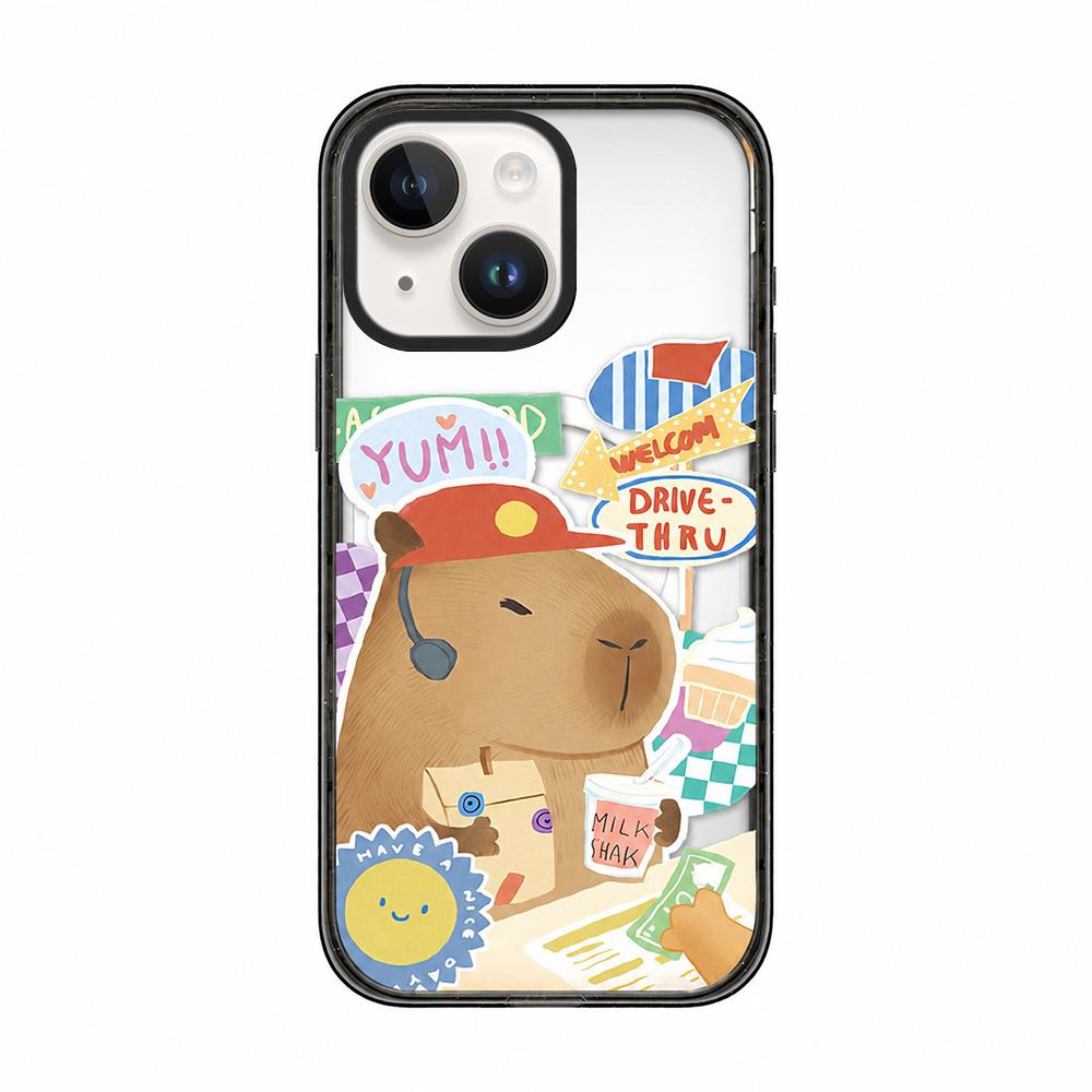 For iPhone 14 Plus Cute Capybara Cartoon Print Magnetic Acrylic TPU Phone Case - Fast Food Worker Capybara - EDA009702813D