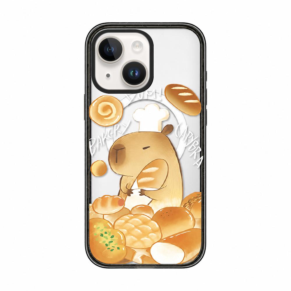 For iPhone 14 Cute Capybara Cartoon Print Magnetic Acrylic TPU Phone Case - Baking Bread Capybara - EDA009702814C