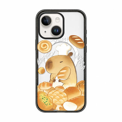 For iPhone 14 Cute Capybara Cartoon Print Magnetic Acrylic TPU Phone Case - Baking Bread Capybara - EDA009702814C