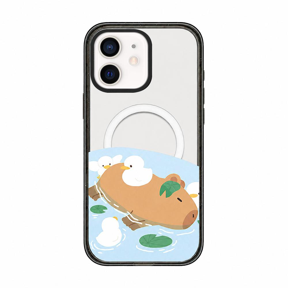For iPhone 11 Cute Capybara Cartoon Print Magnetic Acrylic TPU Phone Case - Pond Capybara Ducklings - EDA009702823A