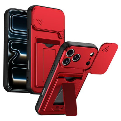 For iPhone 17 Pro Card Holder Series Sliding Lens Cover PC Hybrid TPU Phone Case - Red - EDA009704002A
