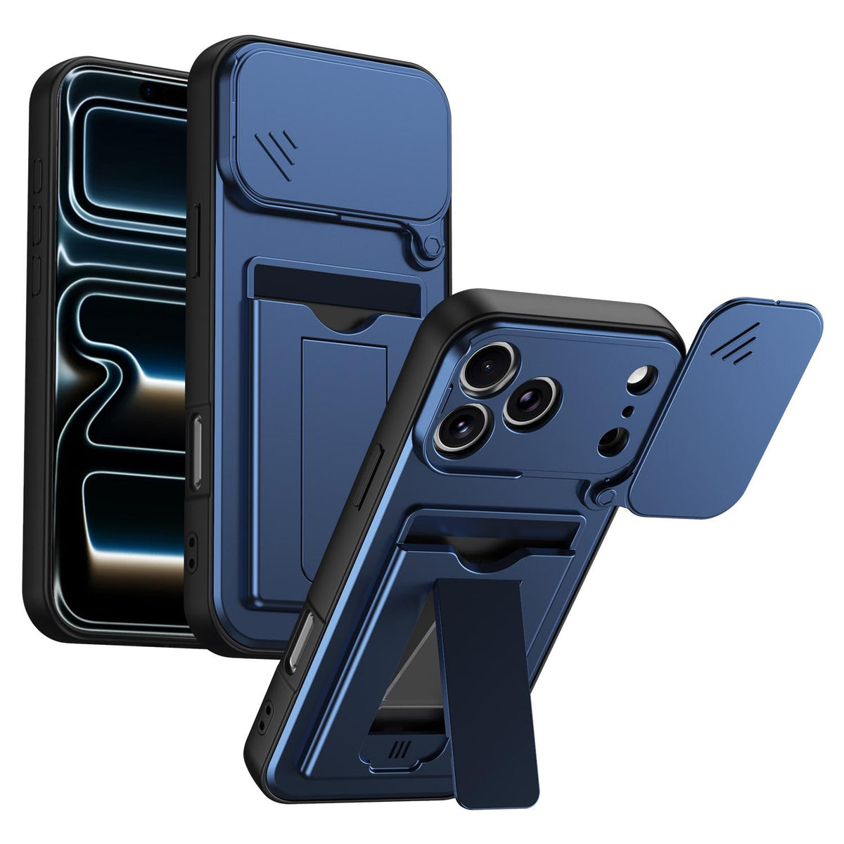 For iPhone 17 Pro Card Holder Series Sliding Lens Cover PC Hybrid TPU Phone Case - Blue - EDA009704002B