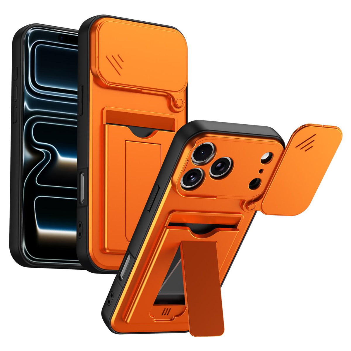 For iPhone 17 Pro Card Holder Series Sliding Lens Cover PC Hybrid TPU Phone Case - Orange - EDA009704002C