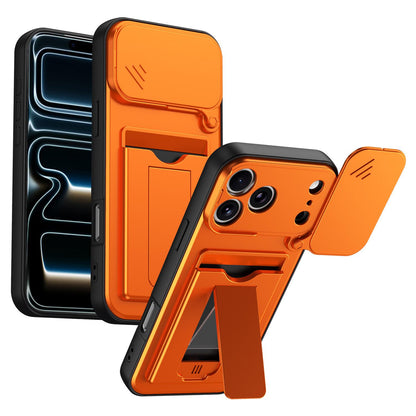 For iPhone 17 Pro Card Holder Series Sliding Lens Cover PC Hybrid TPU Phone Case - Orange - EDA009704002C