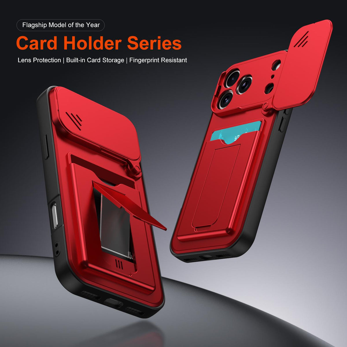 For iPhone 17 Pro Card Holder Series Sliding Lens Cover PC Hybrid TPU Phone Case - Orange - EDA009704002C