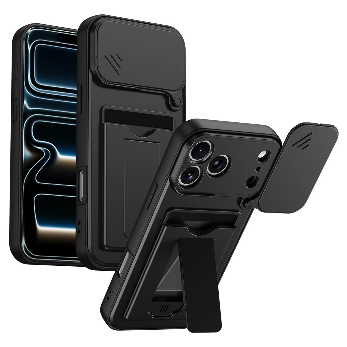 For iPhone 17 Pro Card Holder Series Sliding Lens Cover PC Hybrid TPU Phone Case - Black - EDA009704002D