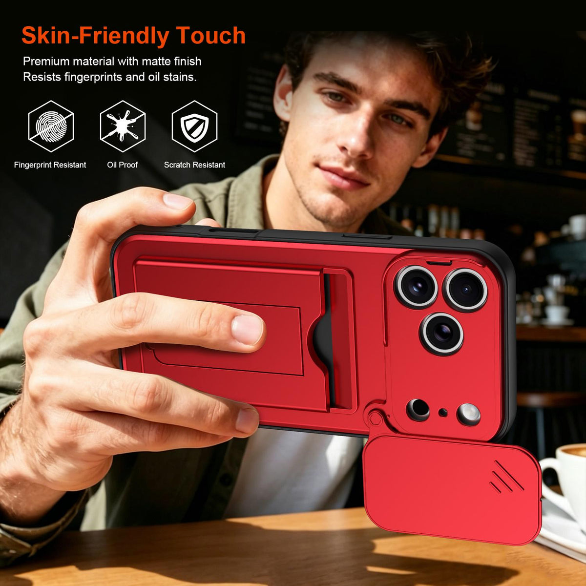 For iPhone 17 Pro Card Holder Series Sliding Lens Cover PC Hybrid TPU Phone Case - Black - EDA009704002D