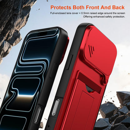 For iPhone 17 Pro Card Holder Series Sliding Lens Cover PC Hybrid TPU Phone Case - Black - EDA009704002D