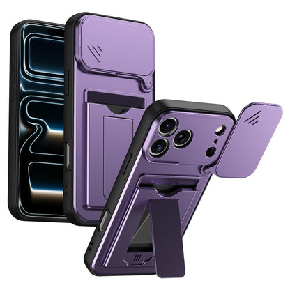 For iPhone 17 Pro Card Holder Series Sliding Lens Cover PC Hybrid TPU Phone Case - Purple - EDA009704002E