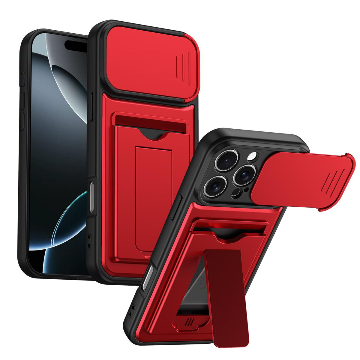 For iPhone 16 Pro Max Card Holder Series Sliding Lens Cover PC Hybrid TPU Phone Case - Red - EDA009704004A