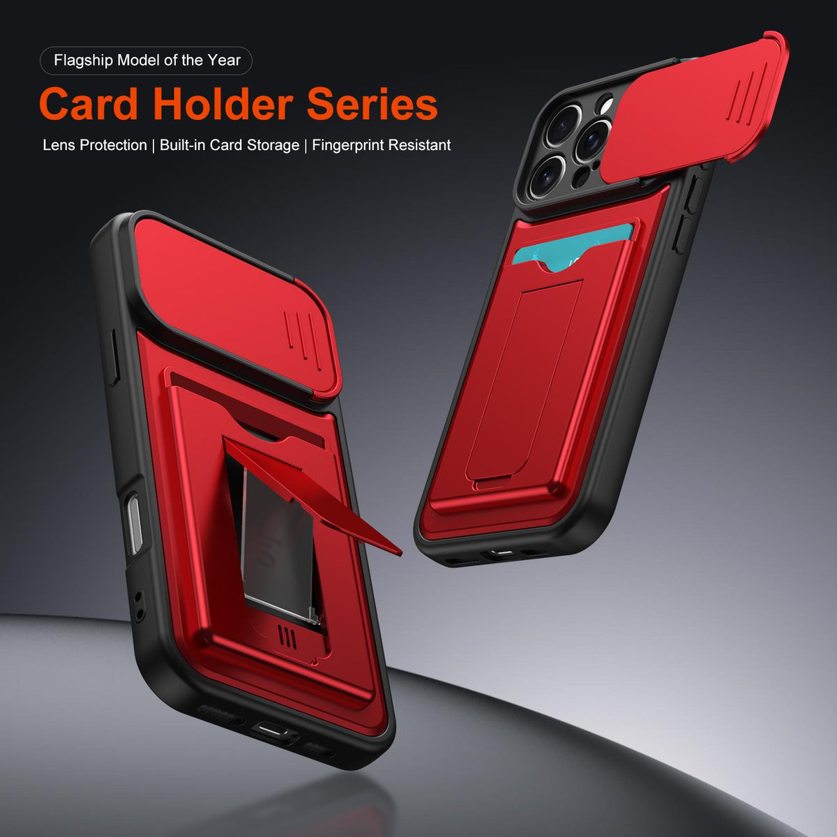 For iPhone 16 Pro Max Card Holder Series Sliding Lens Cover PC Hybrid TPU Phone Case - Red - EDA009704004A