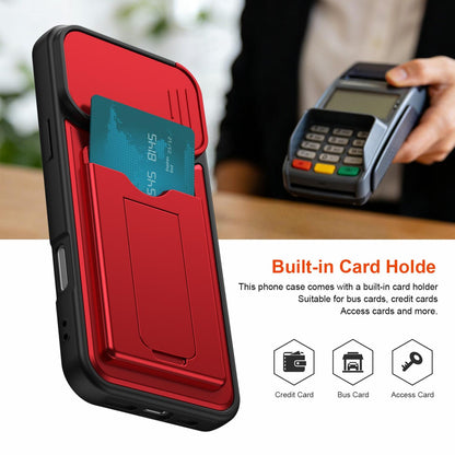 For iPhone 16 Pro Max Card Holder Series Sliding Lens Cover PC Hybrid TPU Phone Case - Red - EDA009704004A