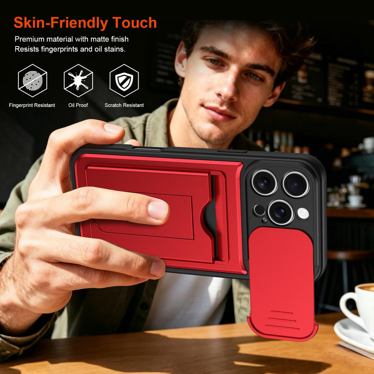For iPhone 16 Pro Max Card Holder Series Sliding Lens Cover PC Hybrid TPU Phone Case - Red - EDA009704004A