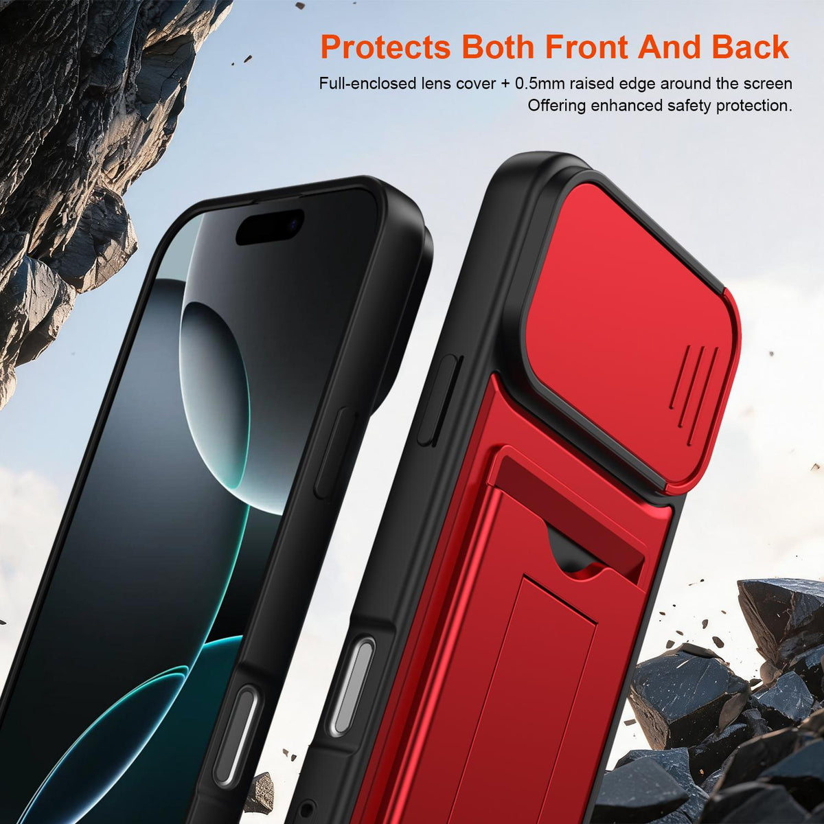 For iPhone 16 Pro Max Card Holder Series Sliding Lens Cover PC Hybrid TPU Phone Case - Red - EDA009704004A