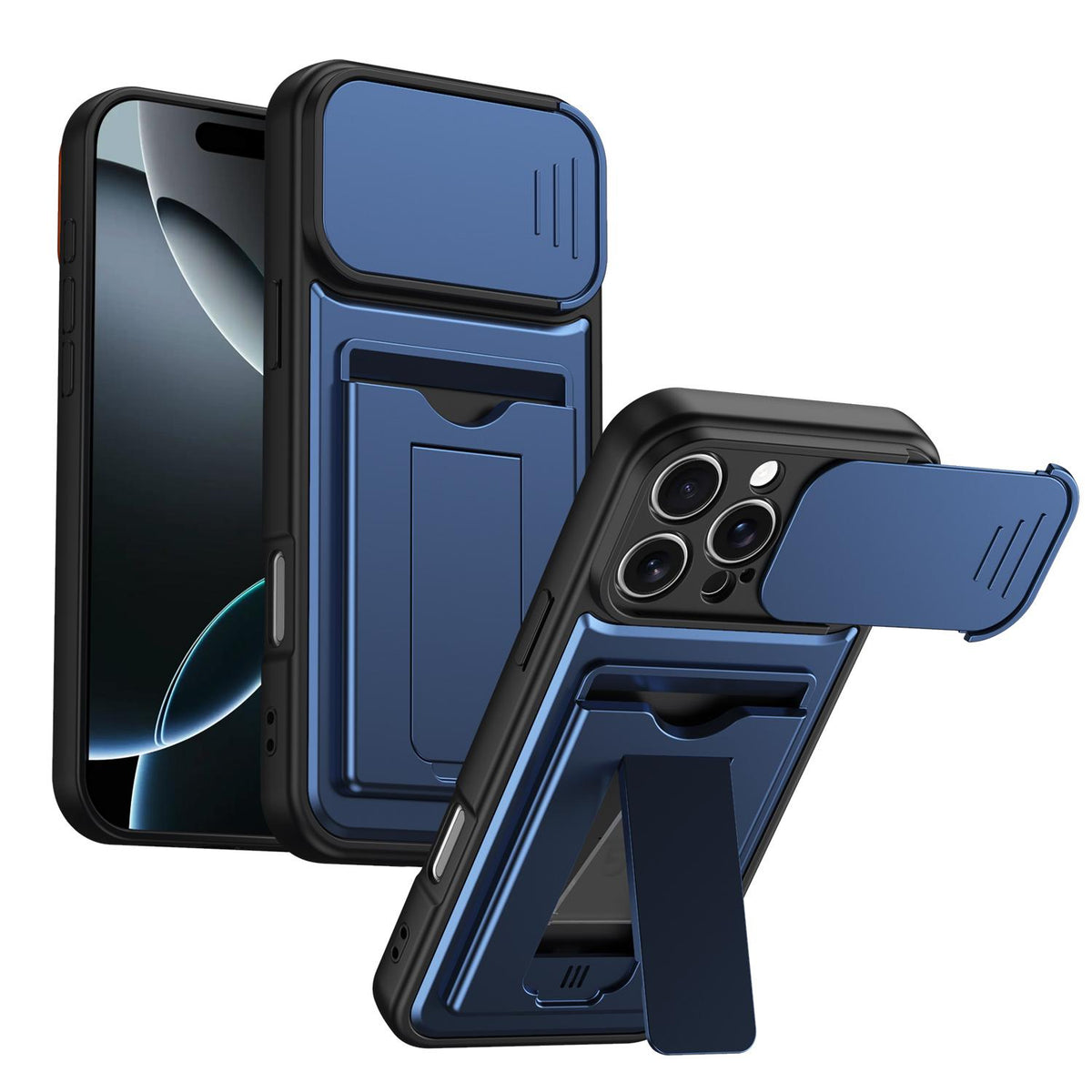 For iPhone 16 Pro Max Card Holder Series Sliding Lens Cover PC Hybrid TPU Phone Case - Blue - EDA009704004B