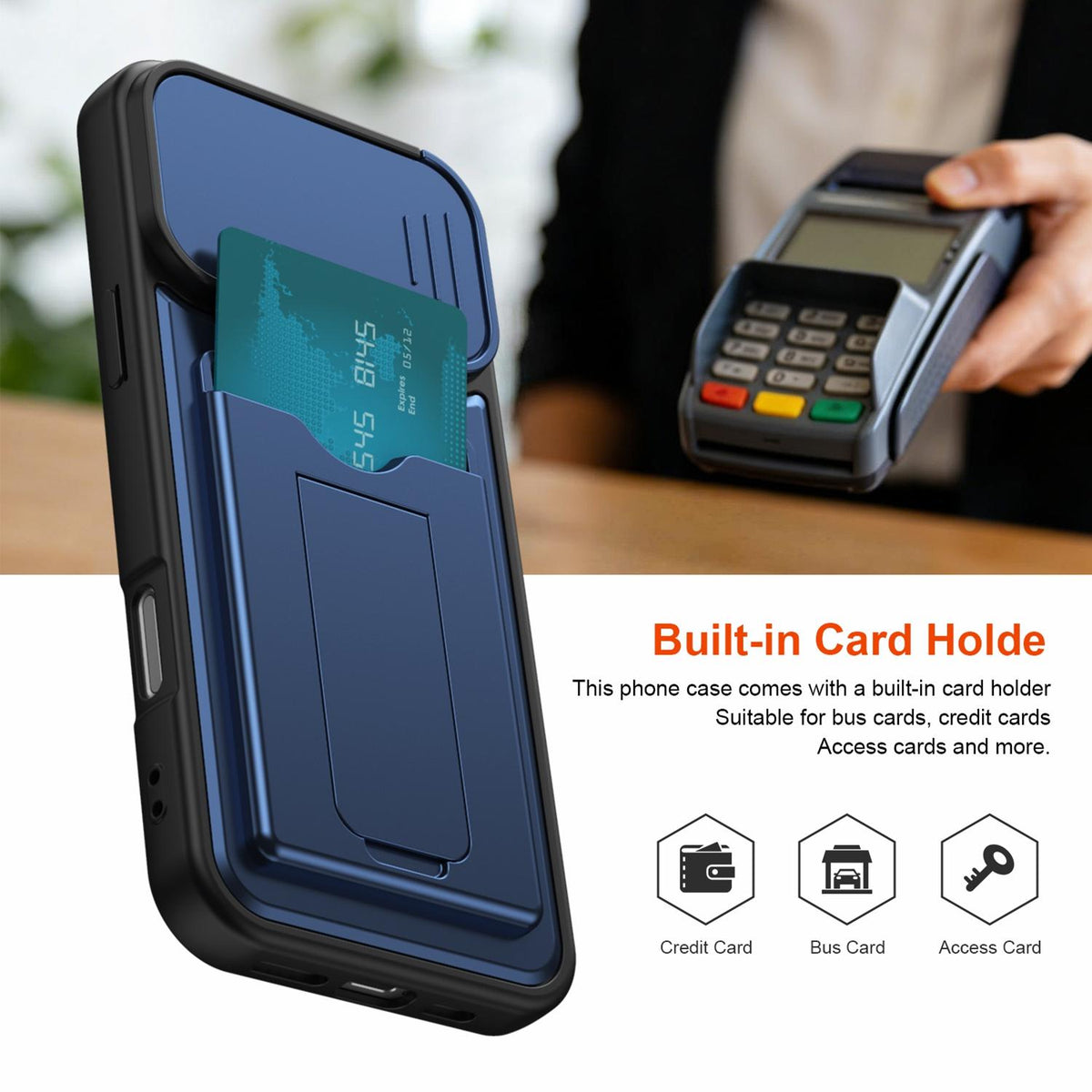 For iPhone 16 Pro Max Card Holder Series Sliding Lens Cover PC Hybrid TPU Phone Case - Blue - EDA009704004B