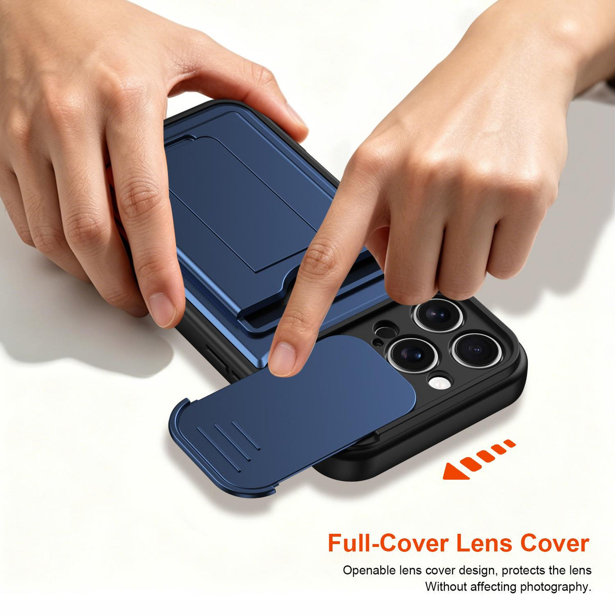 For iPhone 16 Pro Max Card Holder Series Sliding Lens Cover PC Hybrid TPU Phone Case - Blue - EDA009704004B