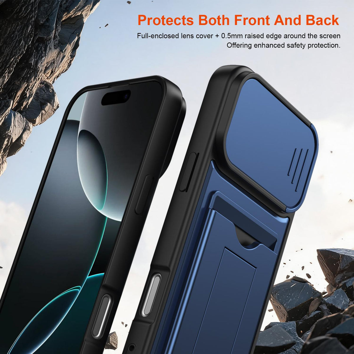 For iPhone 16 Pro Max Card Holder Series Sliding Lens Cover PC Hybrid TPU Phone Case - Blue - EDA009704004B