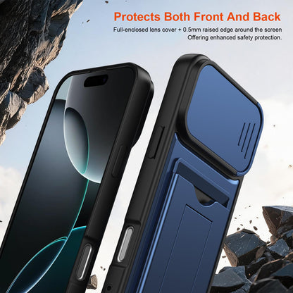 For iPhone 16 Pro Max Card Holder Series Sliding Lens Cover PC Hybrid TPU Phone Case - Blue - EDA009704004B