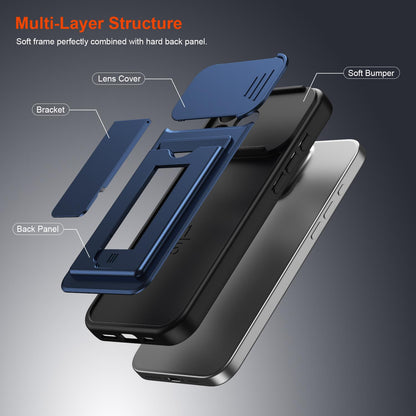 For iPhone 16 Pro Max Card Holder Series Sliding Lens Cover PC Hybrid TPU Phone Case - Blue - EDA009704004B