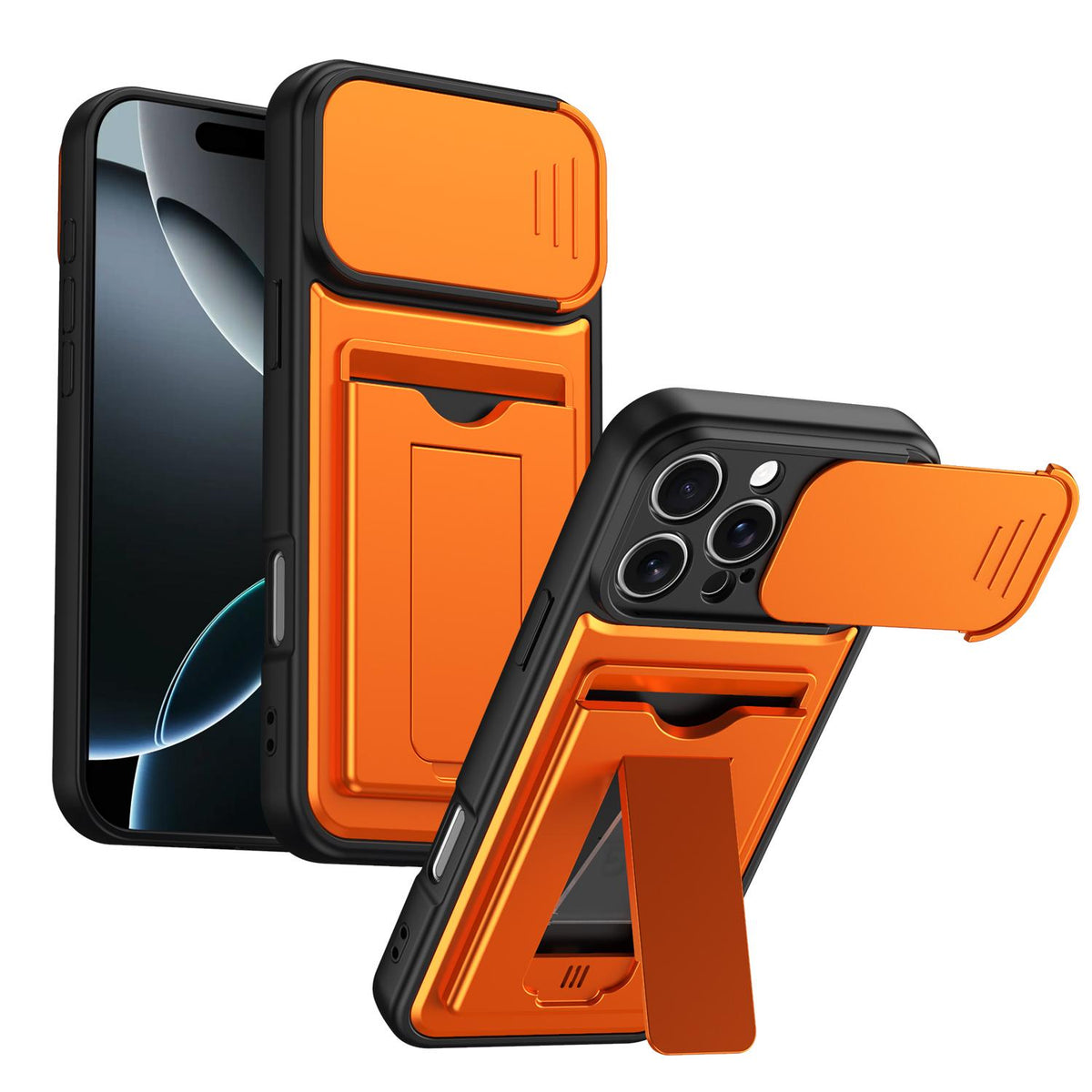 For iPhone 16 Pro Max Card Holder Series Sliding Lens Cover PC Hybrid TPU Phone Case - Orange - EDA009704004C