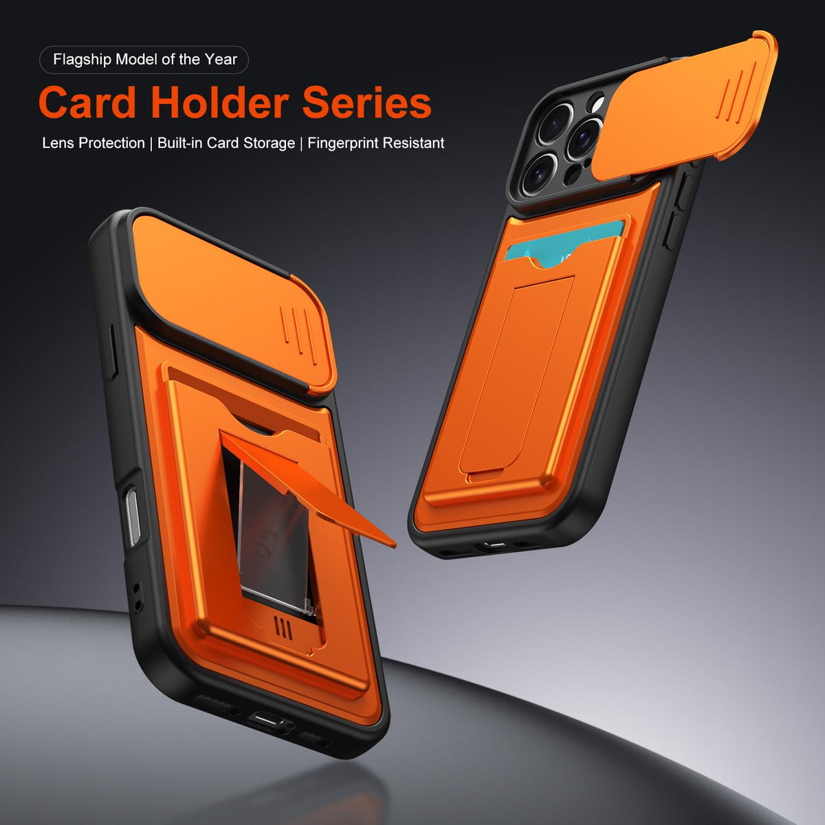 For iPhone 16 Pro Max Card Holder Series Sliding Lens Cover PC Hybrid TPU Phone Case - Orange - EDA009704004C
