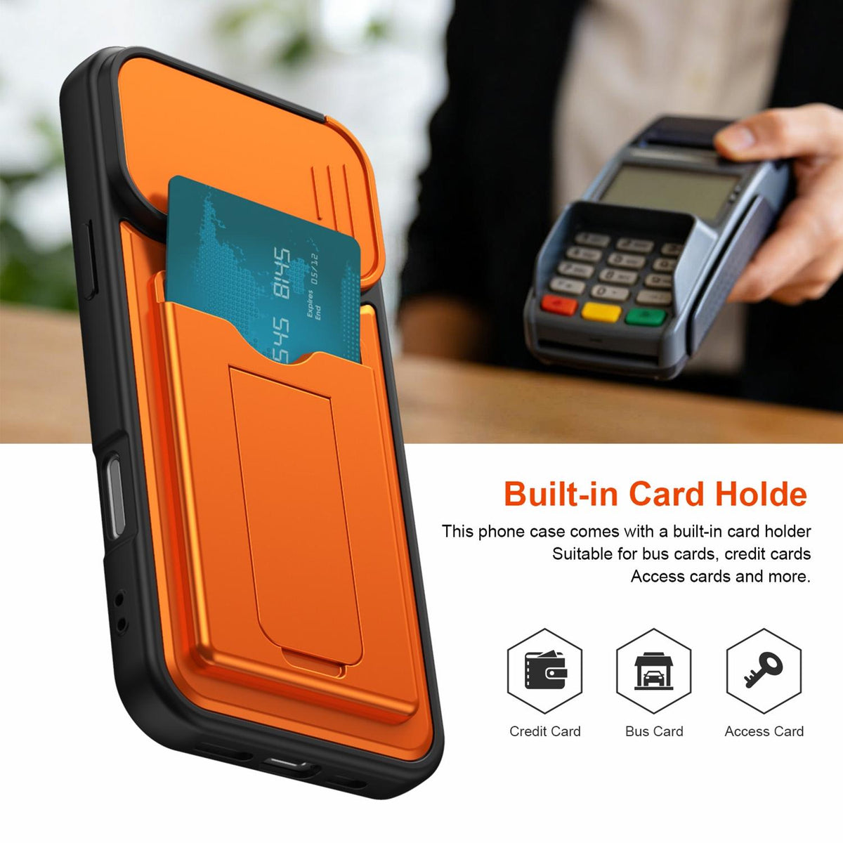 For iPhone 16 Pro Max Card Holder Series Sliding Lens Cover PC Hybrid TPU Phone Case - Orange - EDA009704004C