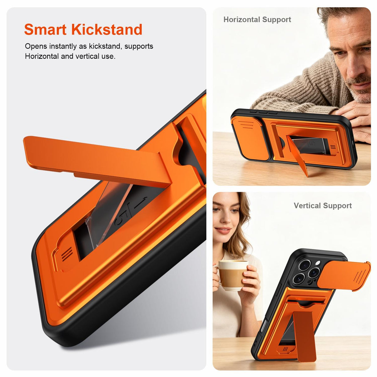 For iPhone 16 Pro Max Card Holder Series Sliding Lens Cover PC Hybrid TPU Phone Case - Orange - EDA009704004C