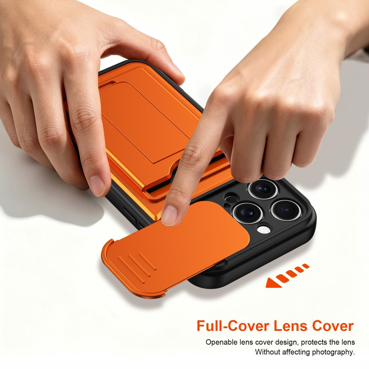For iPhone 16 Pro Max Card Holder Series Sliding Lens Cover PC Hybrid TPU Phone Case - Orange - EDA009704004C