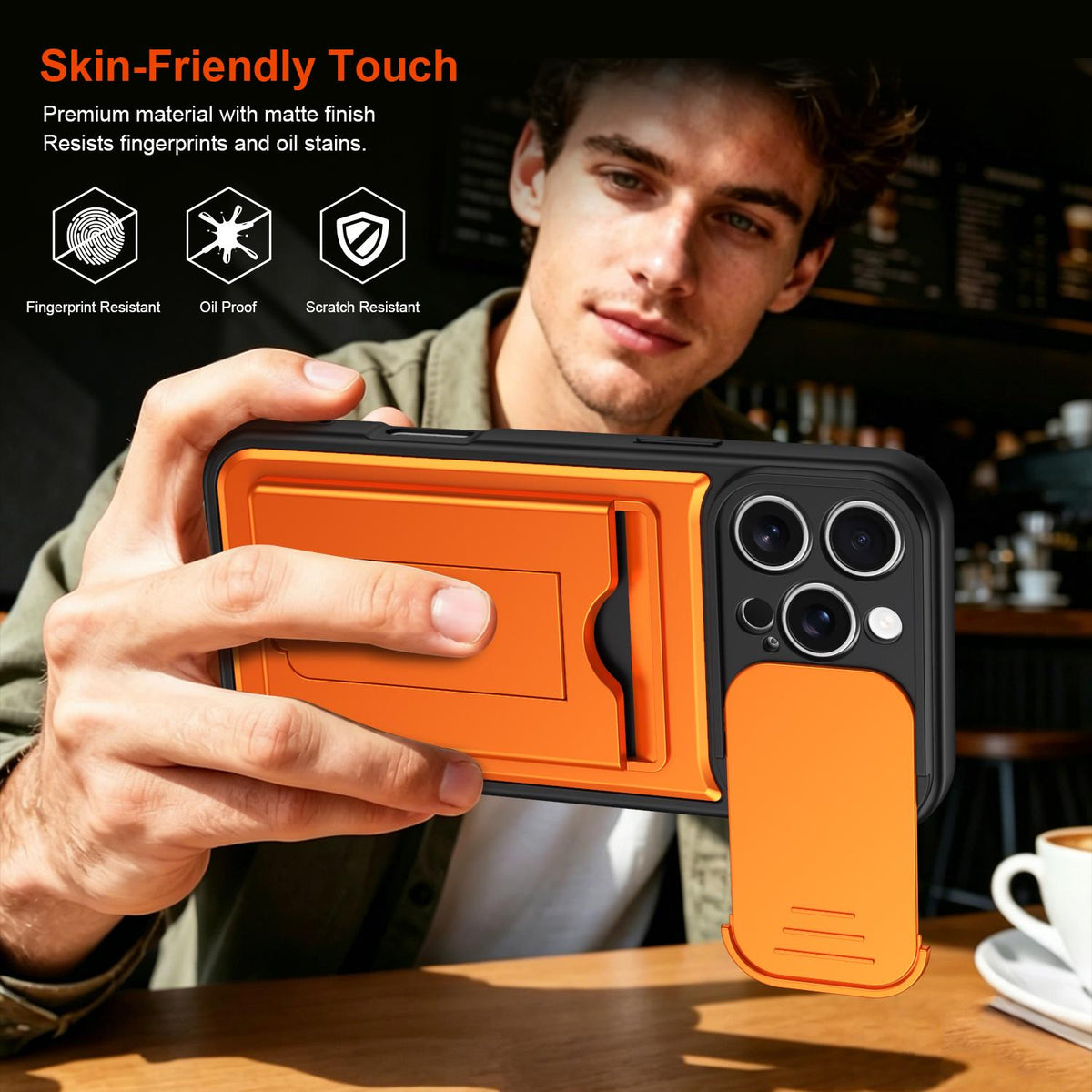 For iPhone 16 Pro Max Card Holder Series Sliding Lens Cover PC Hybrid TPU Phone Case - Orange - EDA009704004C