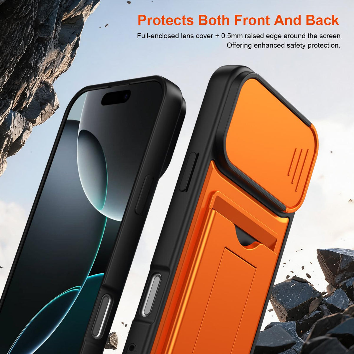 For iPhone 16 Pro Max Card Holder Series Sliding Lens Cover PC Hybrid TPU Phone Case - Orange - EDA009704004C