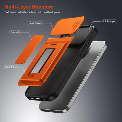 For iPhone 16 Pro Max Card Holder Series Sliding Lens Cover PC Hybrid TPU Phone Case - Orange - EDA009704004C