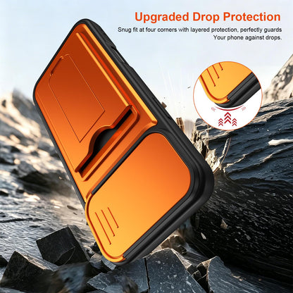 For iPhone 16 Pro Max Card Holder Series Sliding Lens Cover PC Hybrid TPU Phone Case - Orange - EDA009704004C