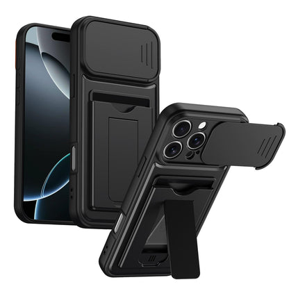 For iPhone 16 Pro Max Card Holder Series Sliding Lens Cover PC Hybrid TPU Phone Case - Black - EDA009704004D