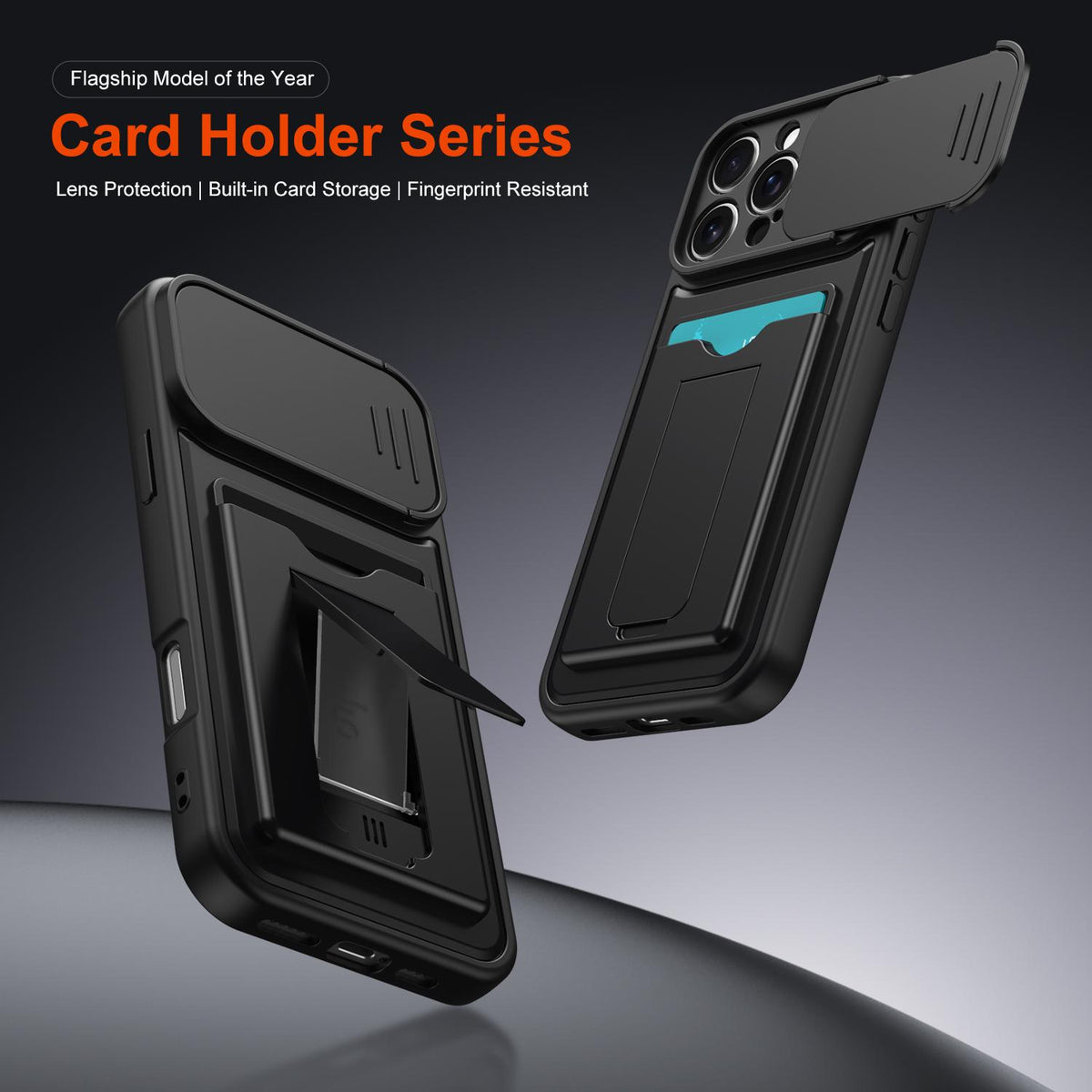 For iPhone 16 Pro Max Card Holder Series Sliding Lens Cover PC Hybrid TPU Phone Case - Black - EDA009704004D