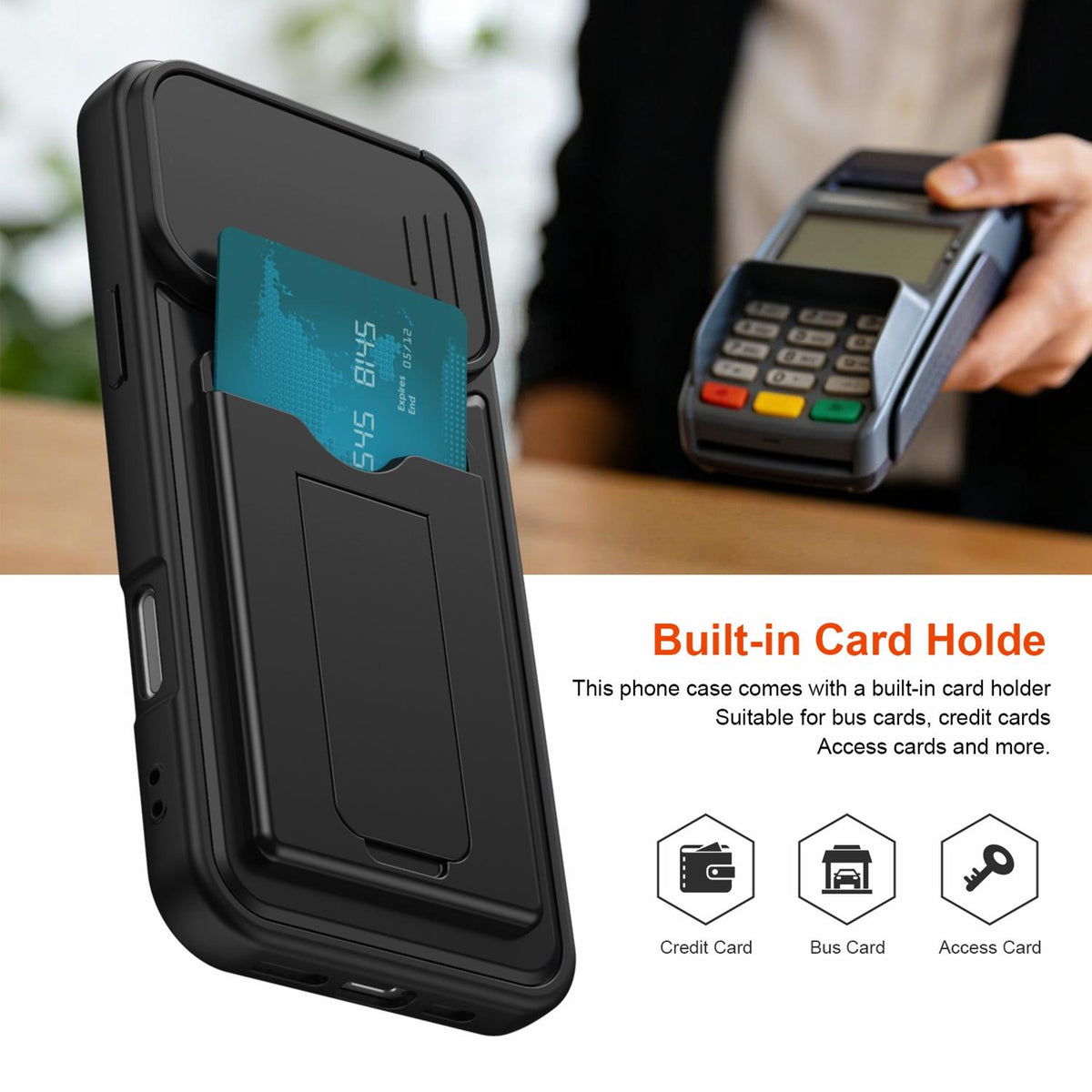 For iPhone 16 Pro Max Card Holder Series Sliding Lens Cover PC Hybrid TPU Phone Case - Black - EDA009704004D