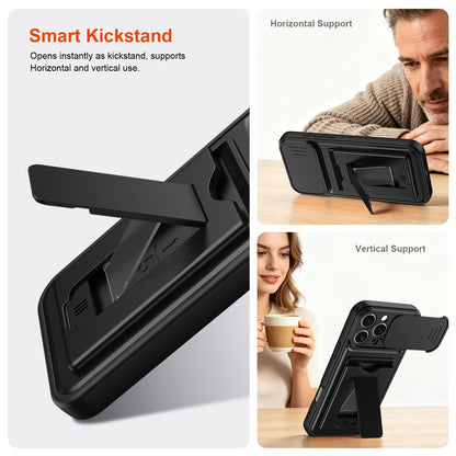 For iPhone 16 Pro Max Card Holder Series Sliding Lens Cover PC Hybrid TPU Phone Case - Black - EDA009704004D