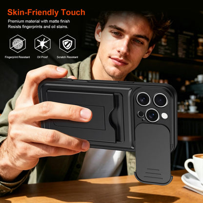 For iPhone 16 Pro Max Card Holder Series Sliding Lens Cover PC Hybrid TPU Phone Case - Black - EDA009704004D