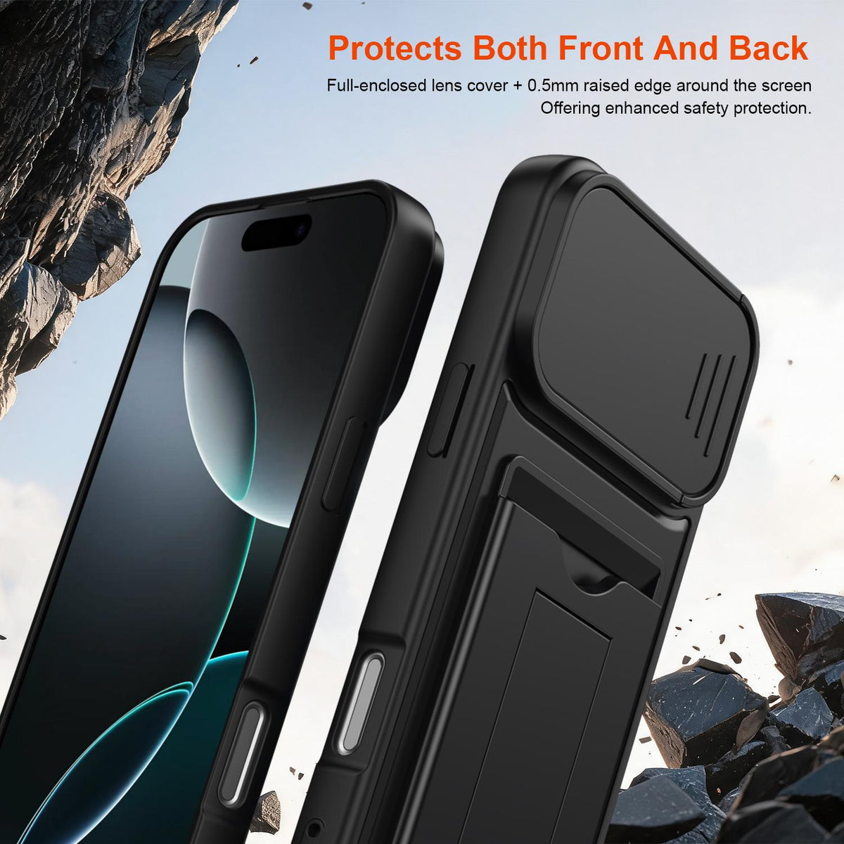For iPhone 16 Pro Max Card Holder Series Sliding Lens Cover PC Hybrid TPU Phone Case - Black - EDA009704004D
