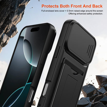 For iPhone 16 Pro Max Card Holder Series Sliding Lens Cover PC Hybrid TPU Phone Case - Black - EDA009704004D