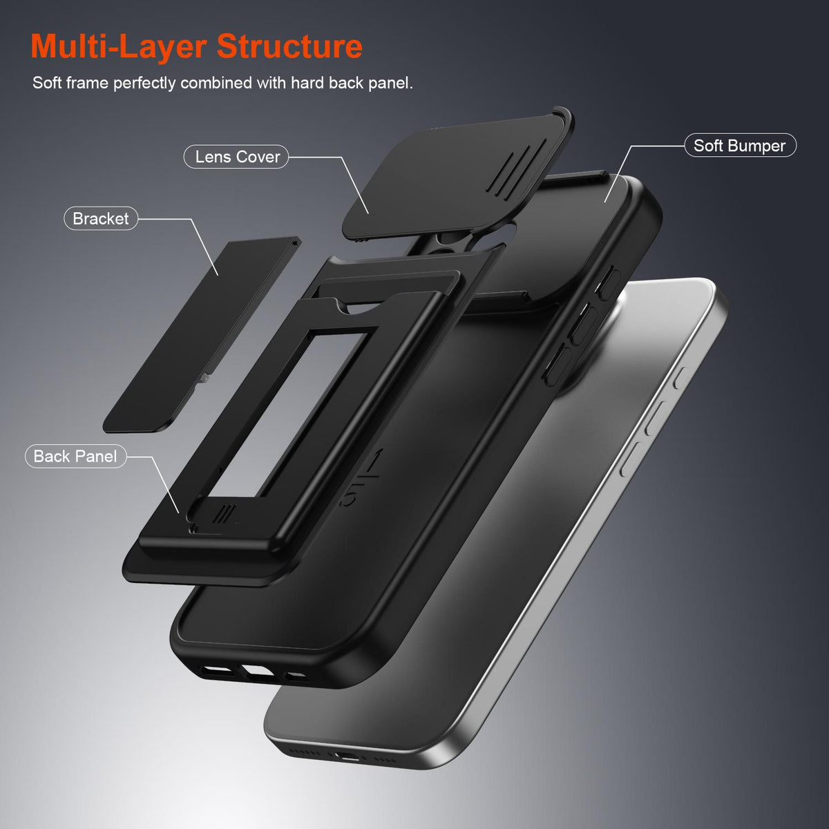 For iPhone 16 Pro Max Card Holder Series Sliding Lens Cover PC Hybrid TPU Phone Case - Black - EDA009704004D