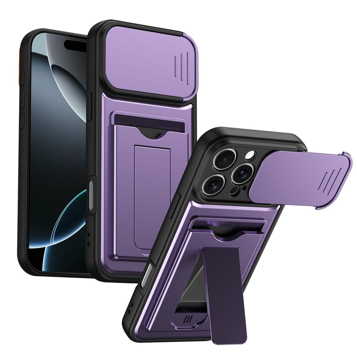 For iPhone 16 Pro Max Card Holder Series Sliding Lens Cover PC Hybrid TPU Phone Case - Purple - EDA009704004E