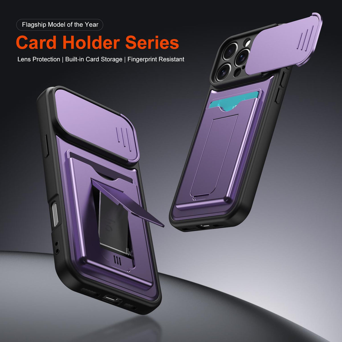 For iPhone 16 Pro Max Card Holder Series Sliding Lens Cover PC Hybrid TPU Phone Case - Purple - EDA009704004E