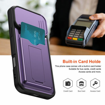 For iPhone 16 Pro Max Card Holder Series Sliding Lens Cover PC Hybrid TPU Phone Case - Purple - EDA009704004E
