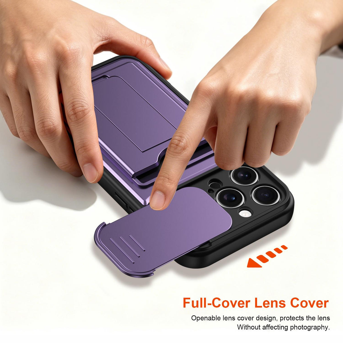 For iPhone 16 Pro Max Card Holder Series Sliding Lens Cover PC Hybrid TPU Phone Case - Purple - EDA009704004E