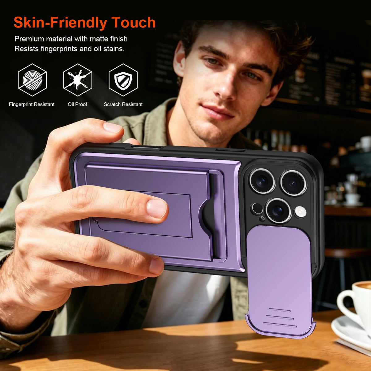For iPhone 16 Pro Max Card Holder Series Sliding Lens Cover PC Hybrid TPU Phone Case - Purple - EDA009704004E